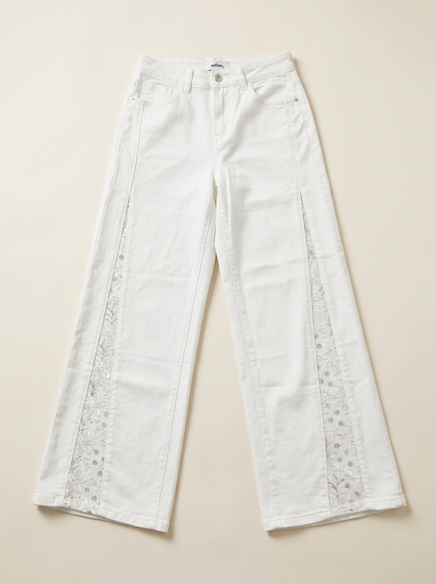Calças Wide Bordado Floral Branco