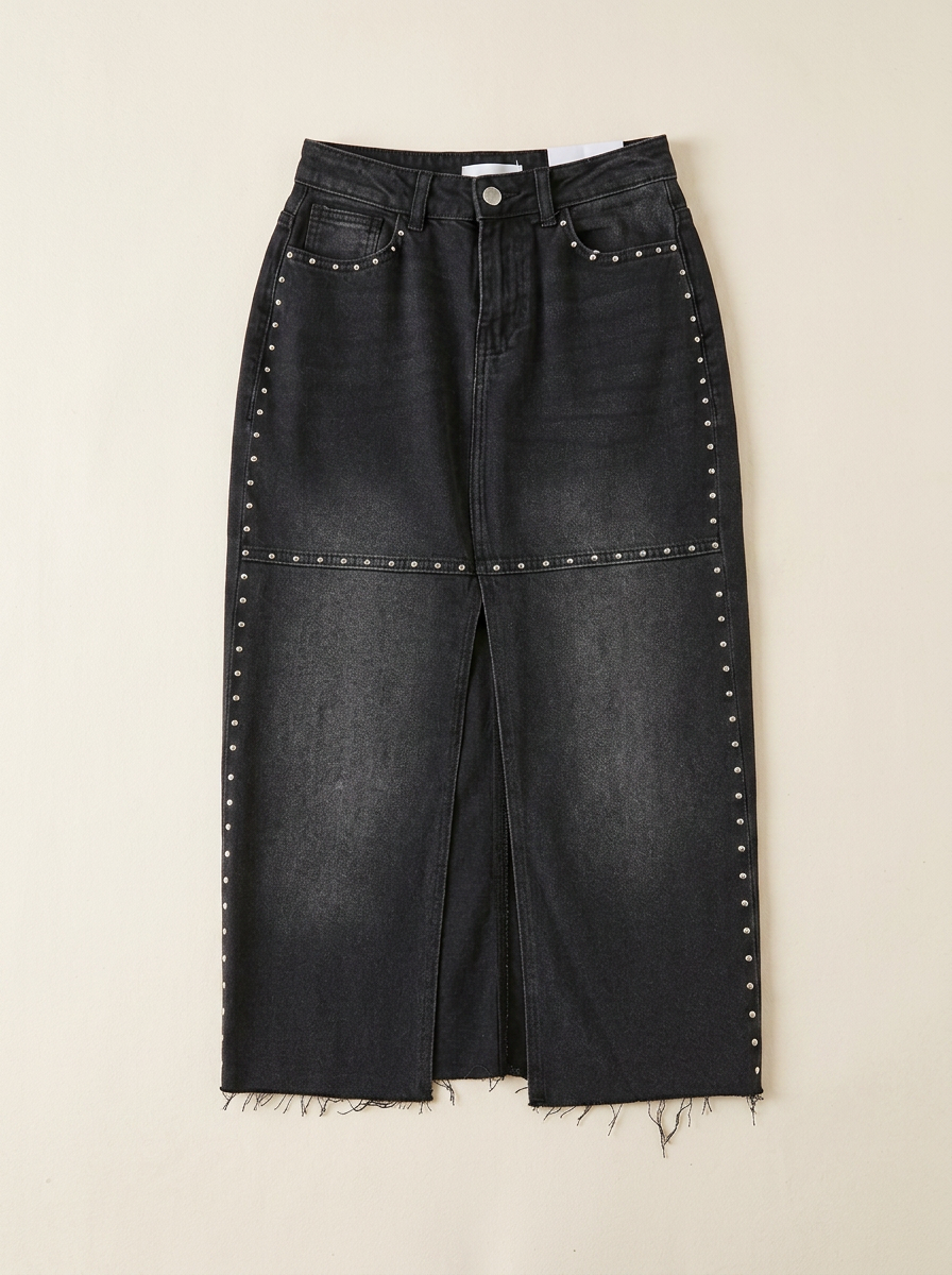 Saia Midi Denim Studs Preta