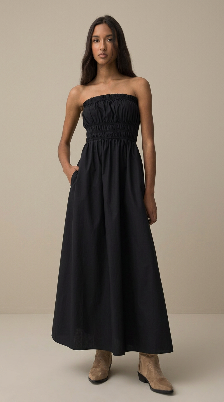 Vestido Maxi Bandeau Smock Preto